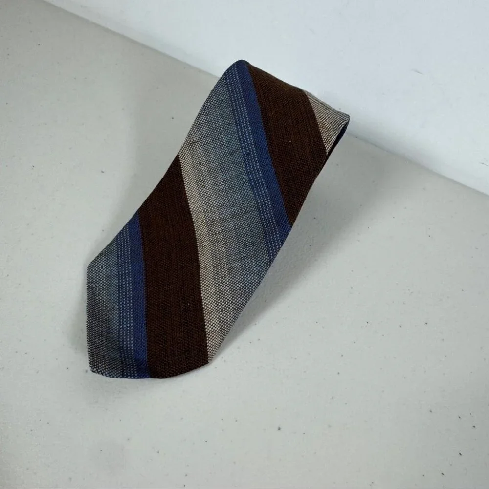 Madawaska Weavers Wool Striped Brown and Blue Men's Tie Vintage Handmade Canada
